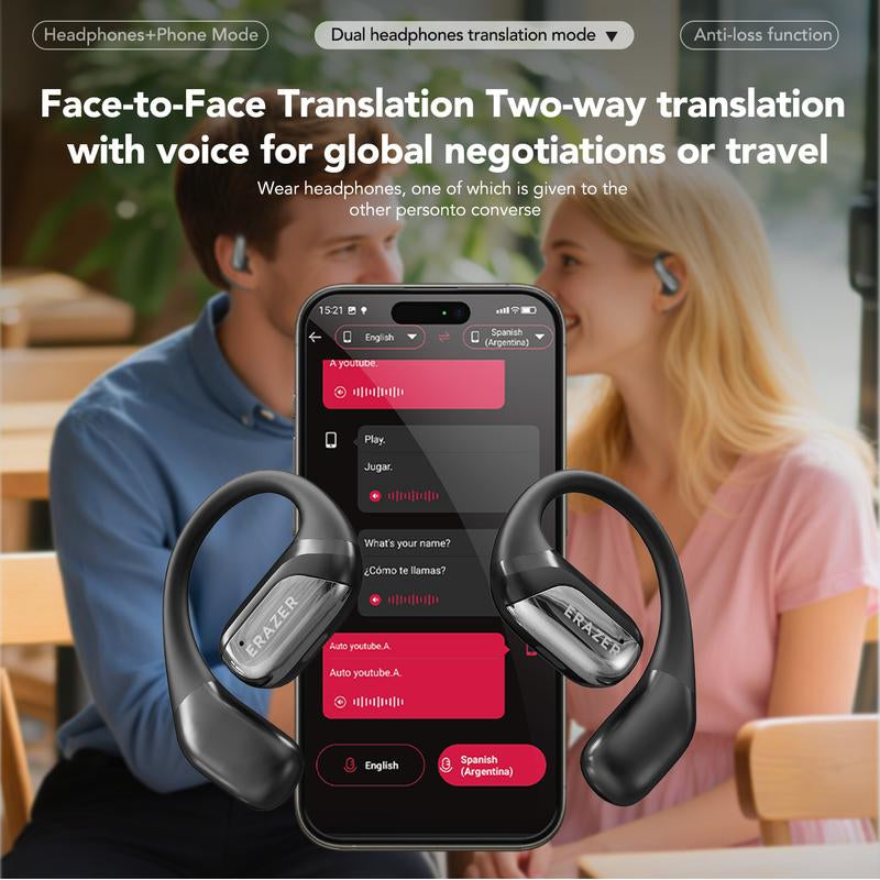 ERAZER Translation Earbuds Supports 134 Languages with Traslation APP Face-To-Face Translation Open Wireless Bluetooth Earbuds LED Touchscreen Earbuds HIFI Sound Quality Built-In Microphone Wireless Headphones Long Battery Earbuds Black Headset