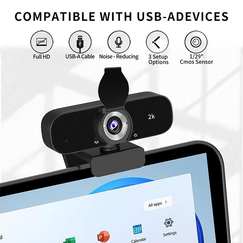 2K Qualify HD Webcam for PC Webcast, USB Computer Webcam for Office /Home Use, Streaming, Video Calling, Online Meeting with Tripod