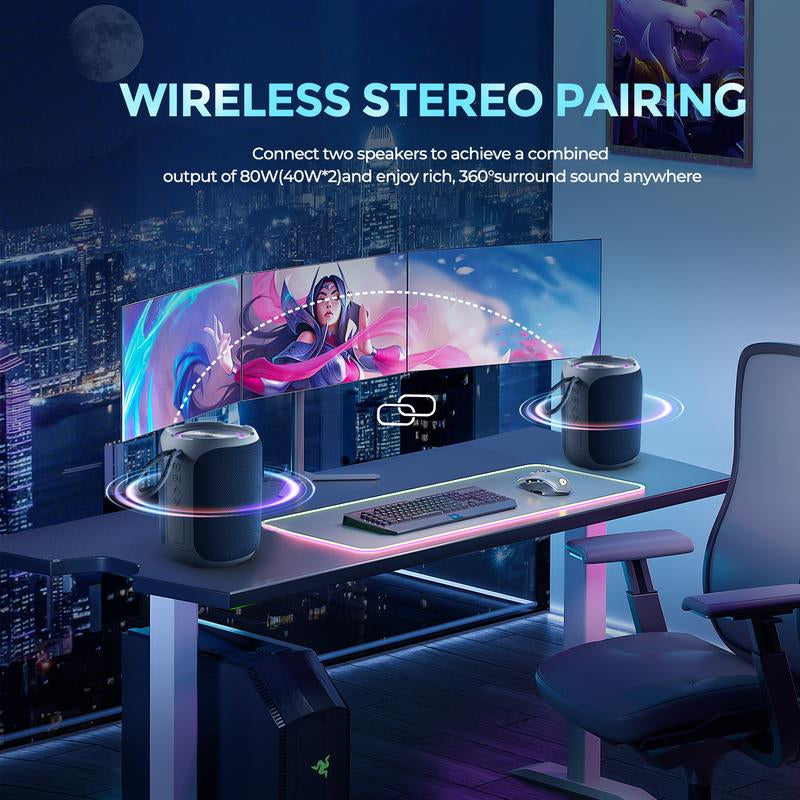 YEAHBOX 40W Portable Wireless Speaker Powerful Sound Stereo, IPX7 Waterproof Shower Speakers with Colorful LED Light, 4-In 1 BT / Aux / Tf-Card / U Disk Input, Bluetooth Speaker for Outdoor, Party, Travel, Easy to Use, High Quality