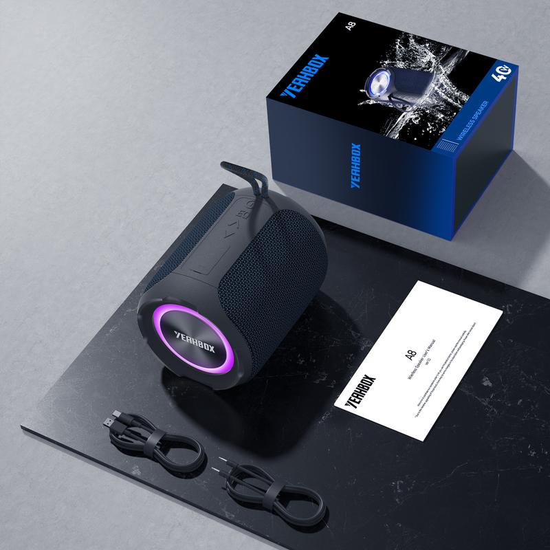 YEAHBOX 40W Portable Wireless Speaker Powerful Sound Stereo, IPX7 Waterproof Shower Speakers with Colorful LED Light, 4-In 1 BT / Aux / Tf-Card / U Disk Input, Bluetooth Speaker for Outdoor, Party, Travel, Easy to Use, High Quality