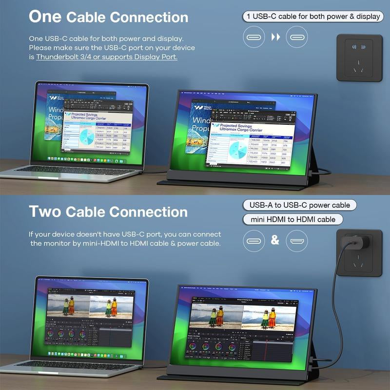 Portable Monitor, FHD 1080P Portable Laptop Monitor with PU Leather Cover, Suitable for Expanding Display and Screen Mirroring of PC, MAC, Xbox, Switch, PS5, Iphone15, Samsung & HUAWEI Mobile Phones