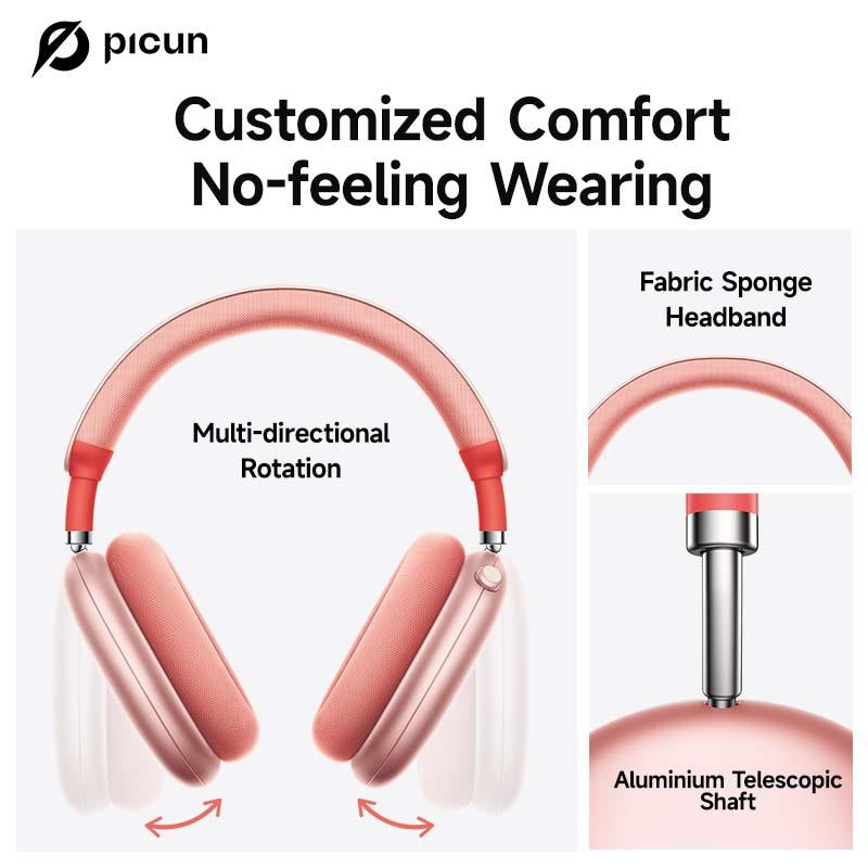 Picun F8 Pro Wireless Headphones - 52Db Noise Cancellation, 5 Smart ENC Mics, Detachable Fabric Ear Cushions, 140 Hour Long Battery Life, Premium Audio Seamless Dual Device Connection for All-Day Use and Boosted Productivity Bluetooth