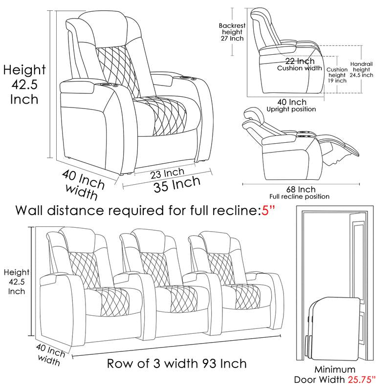 Weilianda Home Theater Seating Luxury Series Top Grain Nappa Leather Recliner Chair Dual Power Movie Gaming Sofa Electric Headrest with Tray Table Type-C USB Charge Cup Holders