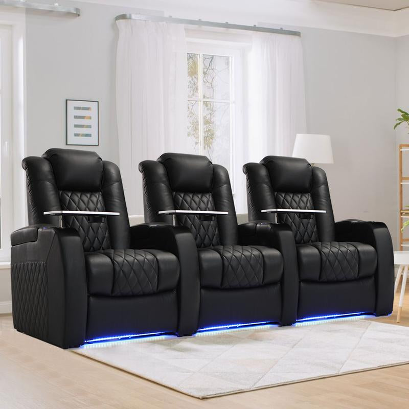 Weilianda Home Theater Seating Luxury Series Top Grain Nappa Leather Recliner Chair Dual Power Movie Gaming Sofa Electric Headrest with Tray Table Type-C USB Charge Cup Holders