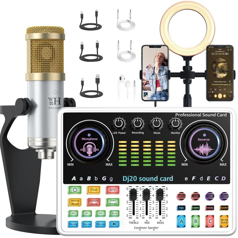 Portable Dj20 Live Sound Card + K20 48V Condenser Microphone Kit Kit Studio Mixer Live Broadcast 16 Sound Effects Recording Mixer
