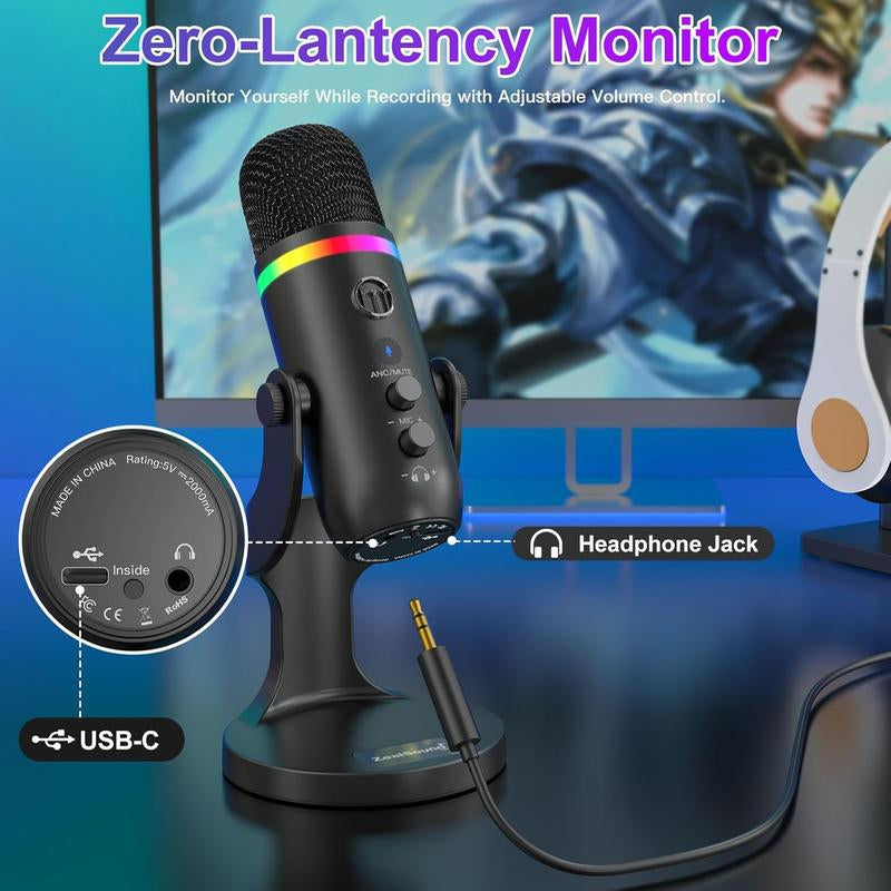 Zealsound USB Microphone,Noise Cancellation Condenser Mic with Touch Mute,Gain,Echo,Monitoring,Rgb Light for Iphone,Ipad,Streaming,Podcast,Twitch,Youtube,Discord,Pc,Computer,Ps4,Ps5,Mac,Gamerwave K66