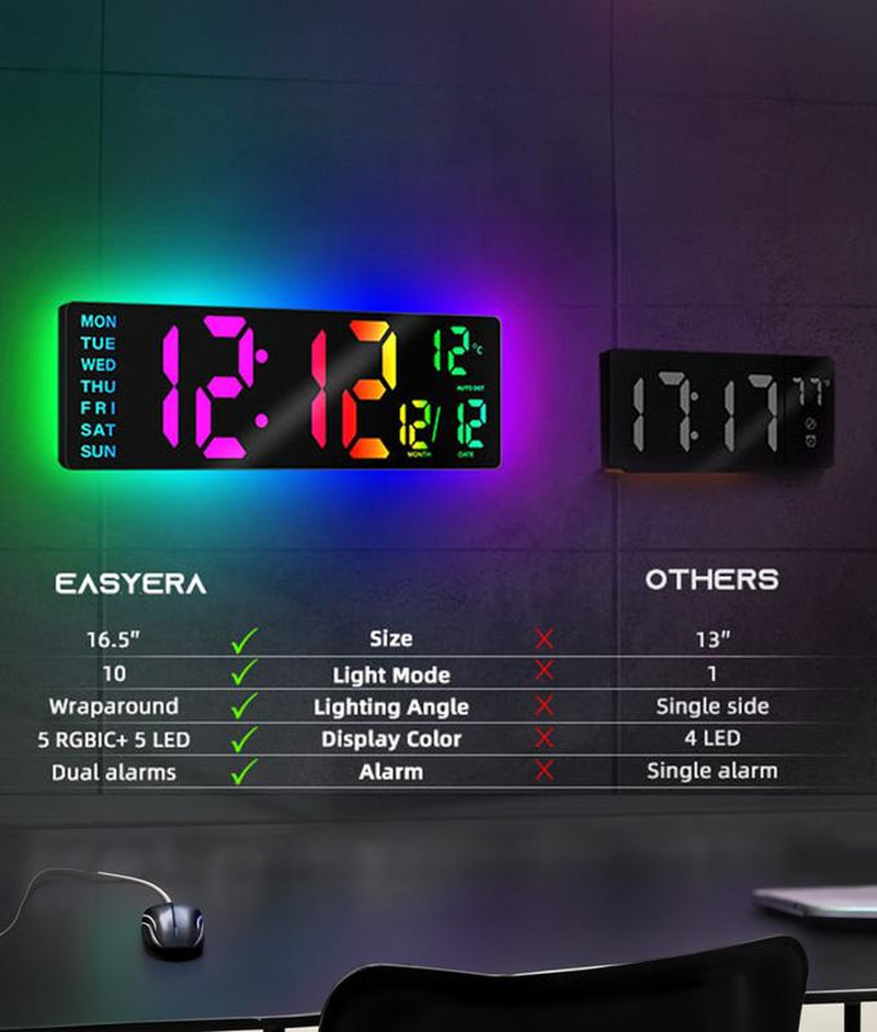 16.5" Large Digital Wall Clock with Remote Control, RGB Atmosphere Lights with 11 Scenes Mode, Dual Alarms with Big LED Display, Classroom, Game Decor Home Goods Auto Dst Adjustment