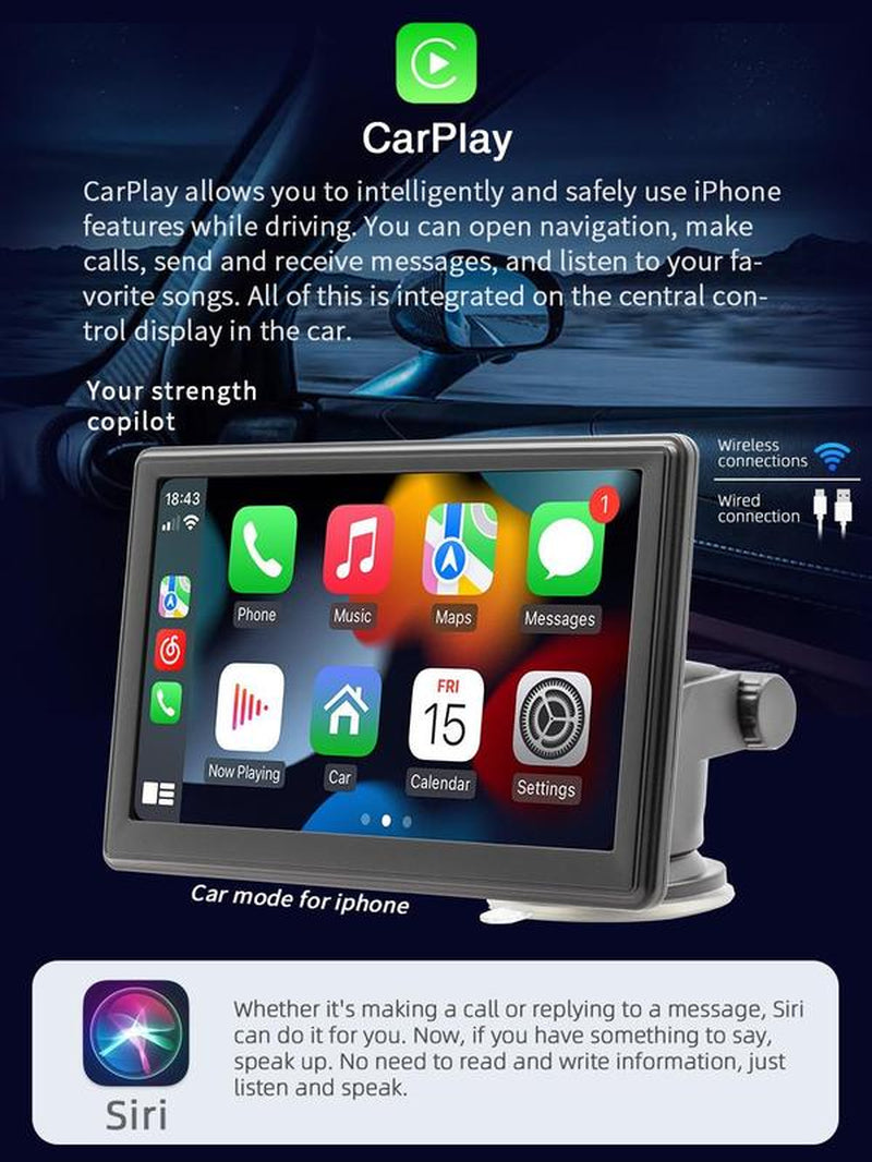 2025 Upgraded Carplay Screen for Car - Portable 7 Inch Touch Screen with Bluetooth, FM Radio, HD Display, 90° Adjustable Angle