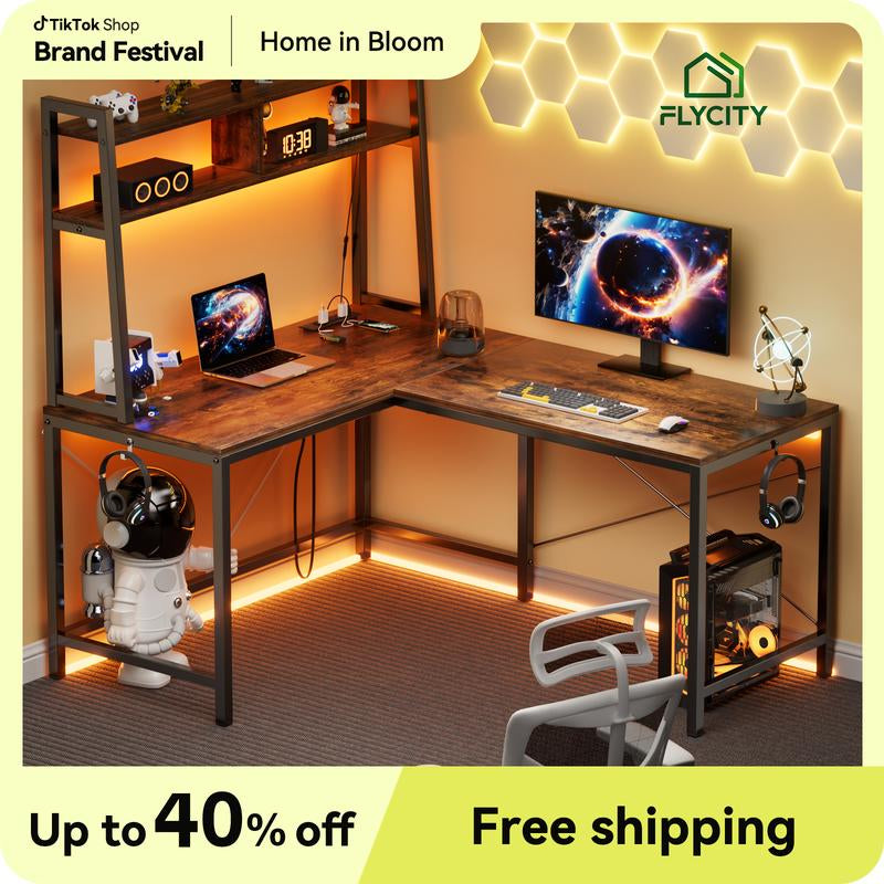 Flycity L-Shaped Gaming Desk or One-Line Table with LED Lights & Power Outlets,And Storage Shelves - 93.3 Inch Computer Desk, for Gaming Room, Study, Living Room Modern Furniture Home Office