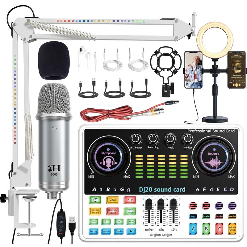 Portable Dj20 Live Sound Card + K20 48V Condenser Microphone Kit Kit Studio Mixer Live Broadcast 16 Sound Effects Recording Mixer