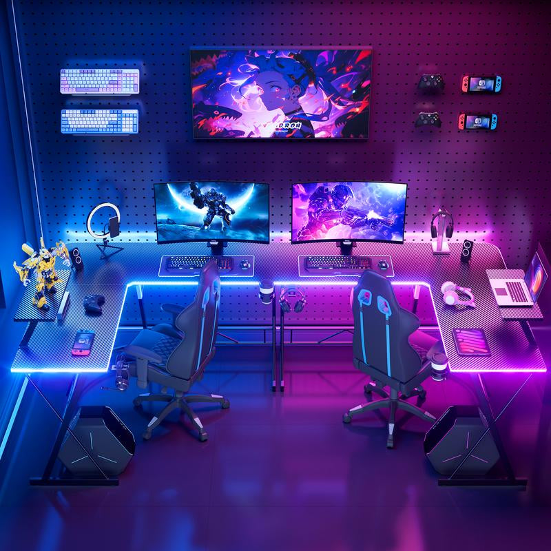 Mr IRONSTONE L Shaped Gaming Desk with Led Lights Corner Computer Desk,L Shaped Desk with Carbon Fiber Surface, Home Office Desks Writing Workstation with Large Monitor Stand, Easy to Assemble