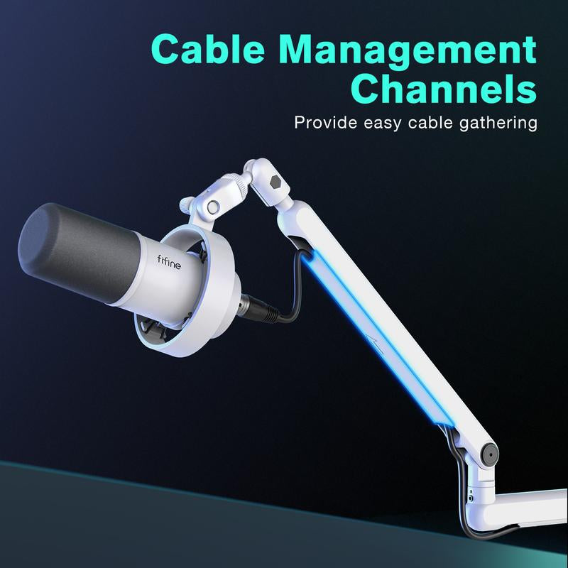 FIFINE Low Profile Podcast Microphone Stand, BM88W Gaming Mic Boom Arm with Desk Mount, Cable Channels Management, Adjustable Metal Boom Arm White for Recording/Streaming/Gaming/Home Office