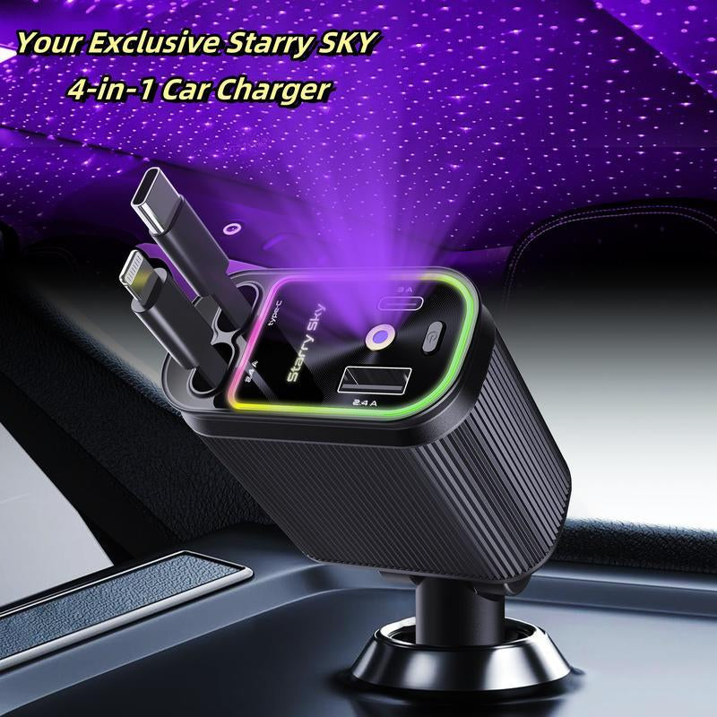 Aromatic Starlight in Roof Retractable Charger with Lightning Cable, Dual Charge Port , Fast Charging Adapter -Automotive 4-In-1 Car Charger Red Light