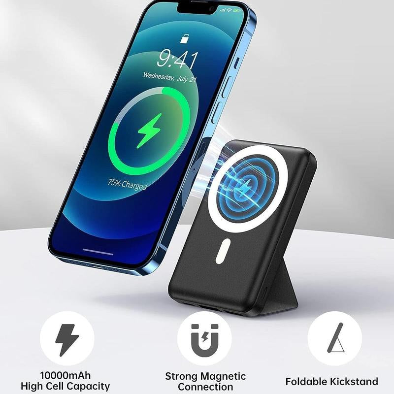 Magnetic Battery ,Magnetic Power Bank , 10000 Mah Power Bank with Folding Stand with USB-C Cable LED Display, Magnetic Power Bank 22.5W PD Fast Charging for Iphone D013