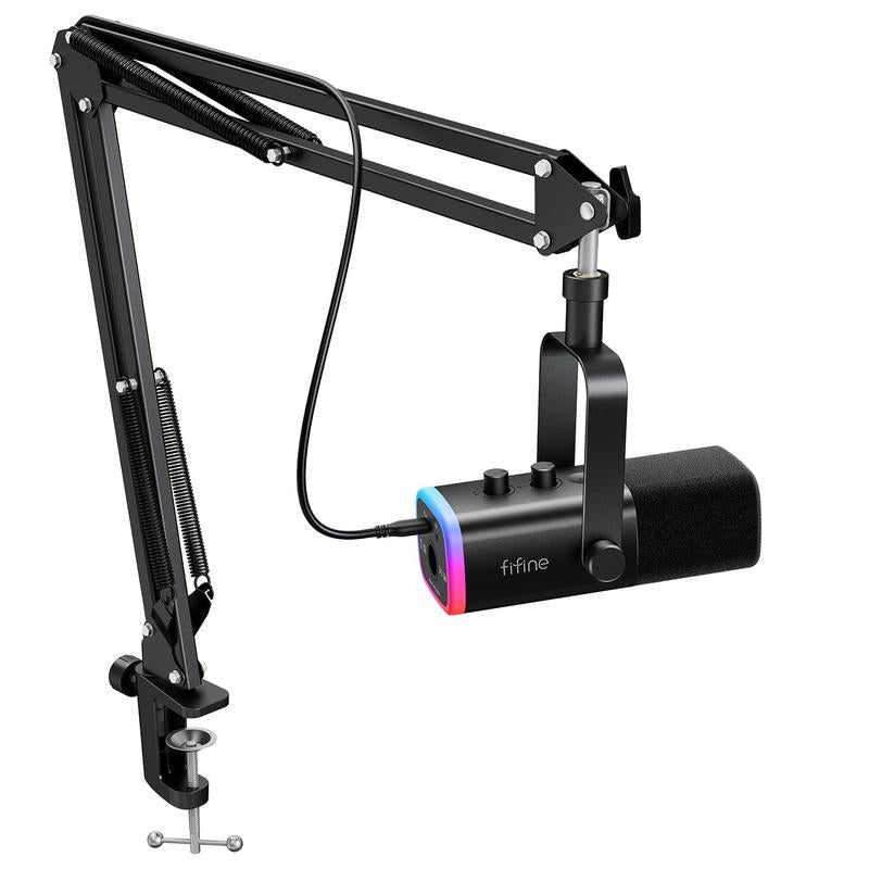 FIFINE AM8T XLR USB Gaming Microphone Set, Dynamic PC Mic for Streaming Podcasting, Computer RGB Mic Kit with Boom Arm Stand, Mute Button, Headphones Jack, for Recording Vocal Voice-Over