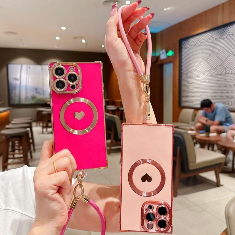 Right Angle Anti-Drop Magnetic Suction Solid Color Electroplated Side Heart + Hand Strap Compatible with Ip16 Pro Max 15 14 13 12 Phones Cases Protector Cover Protective