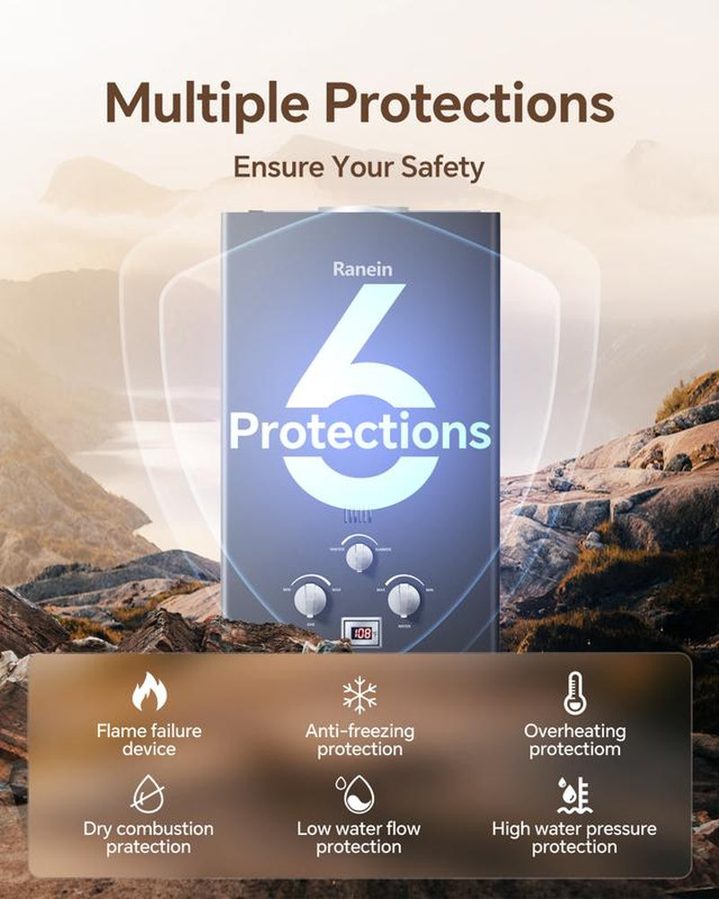 Ranein 8L Tankless Water Heater, Propane Gas, Outdoor up to 2.11 GPM, 48,000 BTU On-Demand Instant Hot Water Heater