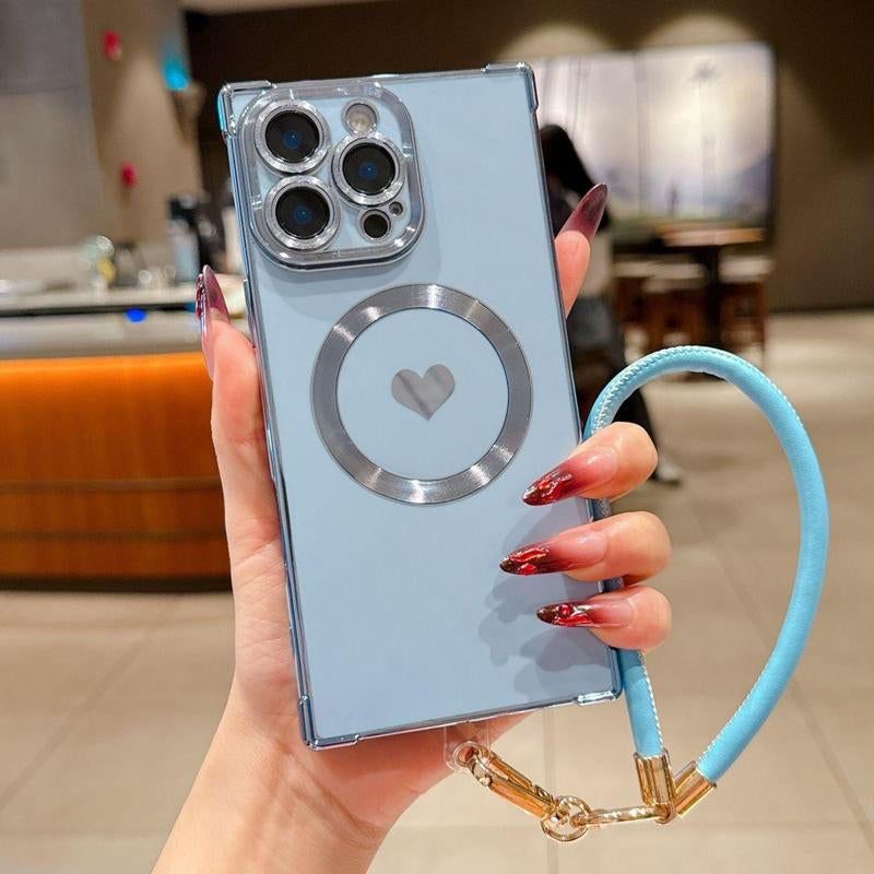 Right Angle Anti-Drop Magnetic Suction Solid Color Electroplated Side Heart + Hand Strap Compatible with Ip16 Pro Max 15 14 13 12 Phones Cases Protector Cover Protective