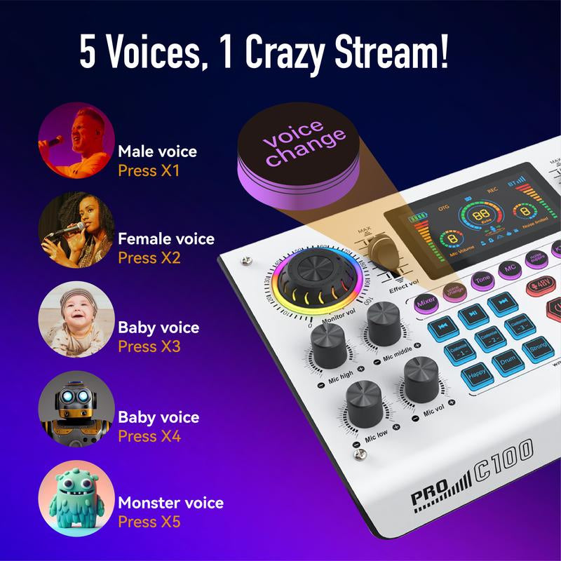 Hicall C100PRO-P15 Live Audio Mixer, 48V Digital Sound Card, Dual DSP Chips, High Sampling Rate, Custom Effects, Sing Along, Instrument Reverb, Digital Display, Mute, RGB Light#Outdoorfun