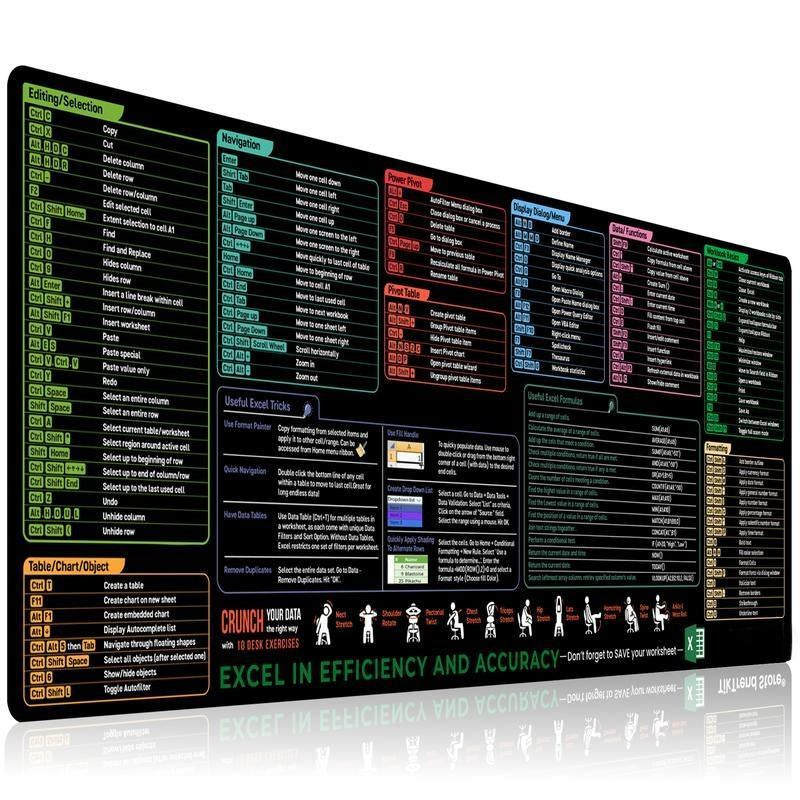 Excel Cheat Sheet Desk Mat, Large 31.5"X11.8" Excel Keyboard Shortcut Mouse Pad