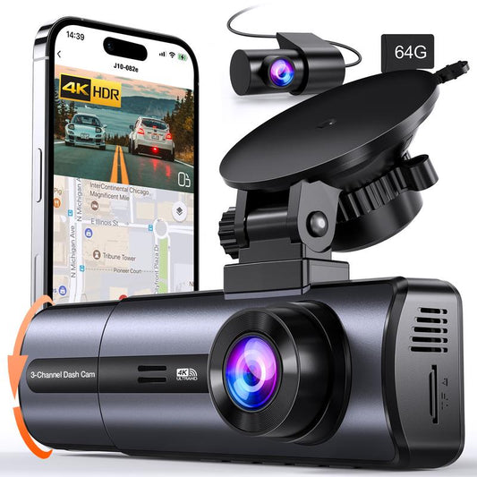 3 Channel 4K Dash Cam with 5Ghz Wifi & APP Control, 4K/2.5K+1080P+1080P Front inside and Rear, Triple Dashcam with 64GB Card, G-Sensor, 24 Hours Parking Mode, Loop Recording, Night Vision Monitor Camera,Car Gift for Dad