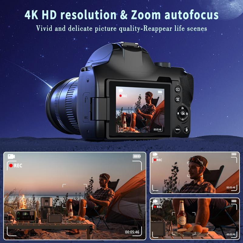 Black 4K Digital Camera with Flip Screen, 10X Optical Zoom, Dual Batteries, 64GB SD Card, Ideal for Vlogging and Travel Photography