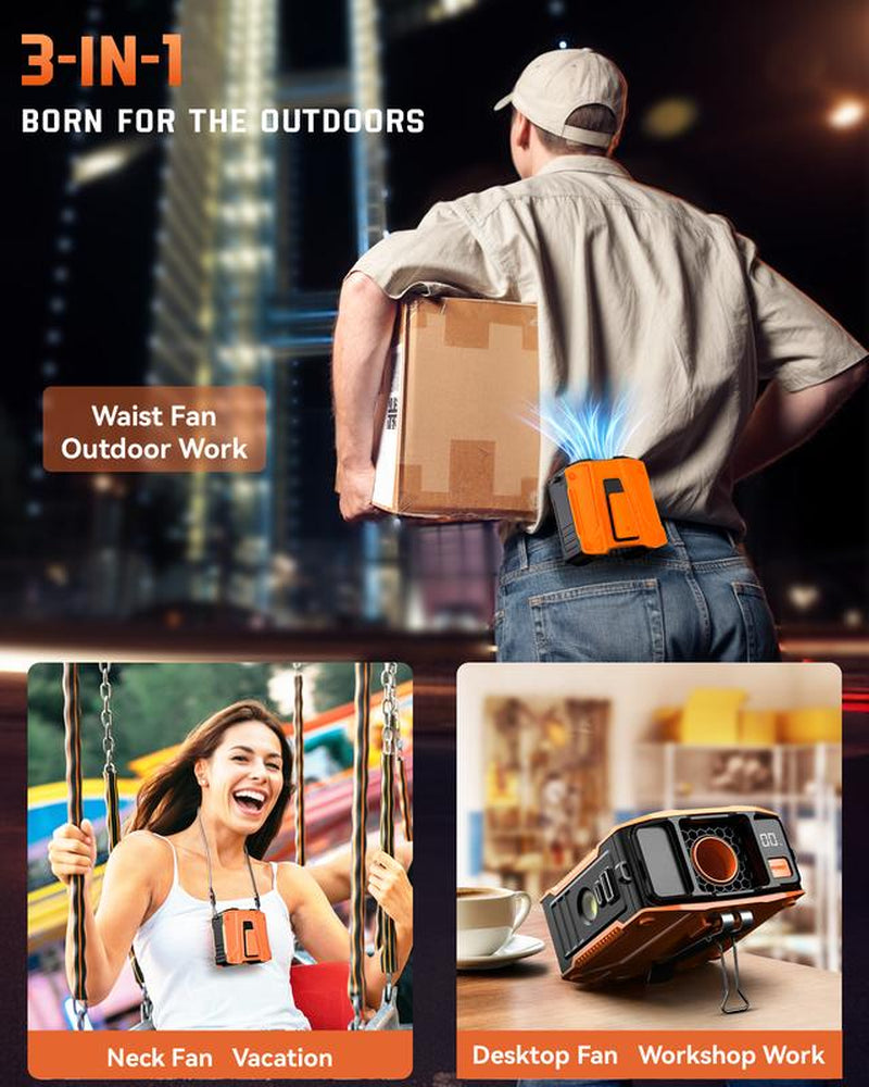 Father'S Day Gifts-Frsara Waist Fan, 8000Mah Powerbank, Portable Rechargeable Cooling Fan, High Speed Fan, Wearable Cooling Device That Blows W/ Lanyard, 5-Speed, Light, LED Display, 3 in 1 Outdoor Fan, Desktop Fan, for Outdoor Work/Sports, Gift for Men