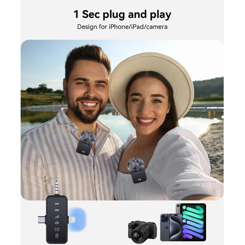 PQRQP 2-Pack Wireless Lavalier Microphone,For Iphone/Android/Camera, 328Ft Transmission, 18H Battery Life, Mini Microphone for Record Interview, Vlogs, Youtube