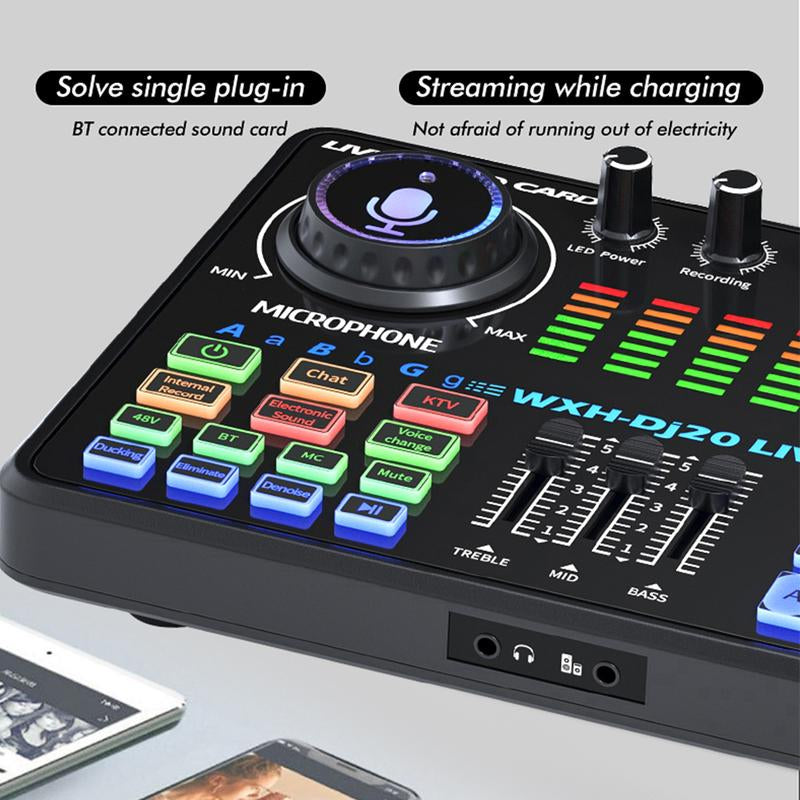 Portable Dj20 Live Sound Card + K20 48V Condenser Microphone Kit Kit Studio Mixer Live Broadcast 16 Sound Effects Recording Mixer