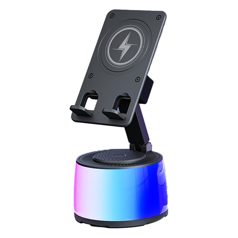 Wireless Induction Audio Bluetooth Speaker 5In1 Cellphone Holder USB Emergency Rechargeable (5000Mah) 360° Rotable Foldable Lift-Non-Slip Base, Portable Power Mobile Tablet Stand with Colorful Ambient Light Gifts for Friend, Family