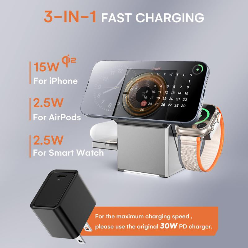 3-In-1 Wireless Charging Station QI2 Magnetic Charger for Iphone 16 15 14 13 Pro Max plus - 15W Fast Charging, Chargeable, Square Box Electronic