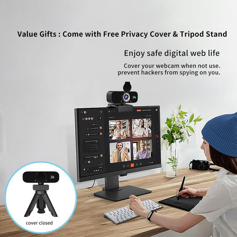 2K Qualify HD Webcam for PC Webcast, USB Computer Webcam for Office /Home Use, Streaming, Video Calling, Online Meeting with Tripod