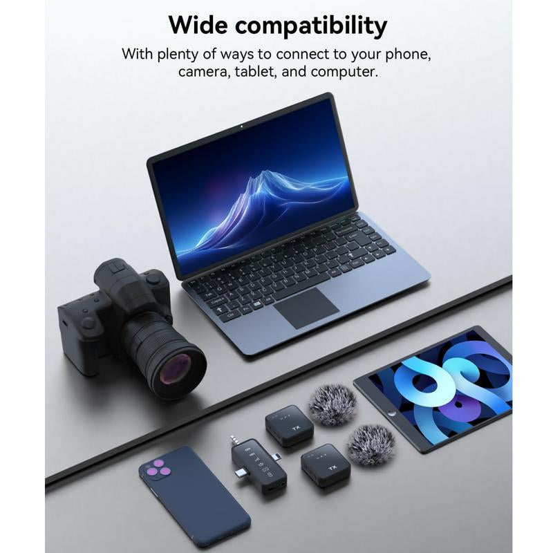 PQRQP 2-Pack Wireless Lavalier Microphone,For Iphone/Android/Camera, 328Ft Transmission, 18H Battery Life, Mini Microphone for Record Interview, Vlogs, Youtube