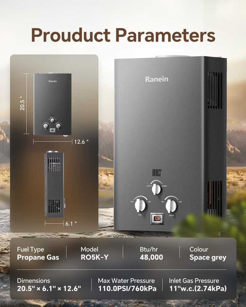 Ranein 8L Tankless Water Heater, Propane Gas, Outdoor up to 2.11 GPM, 48,000 BTU On-Demand Instant Hot Water Heater