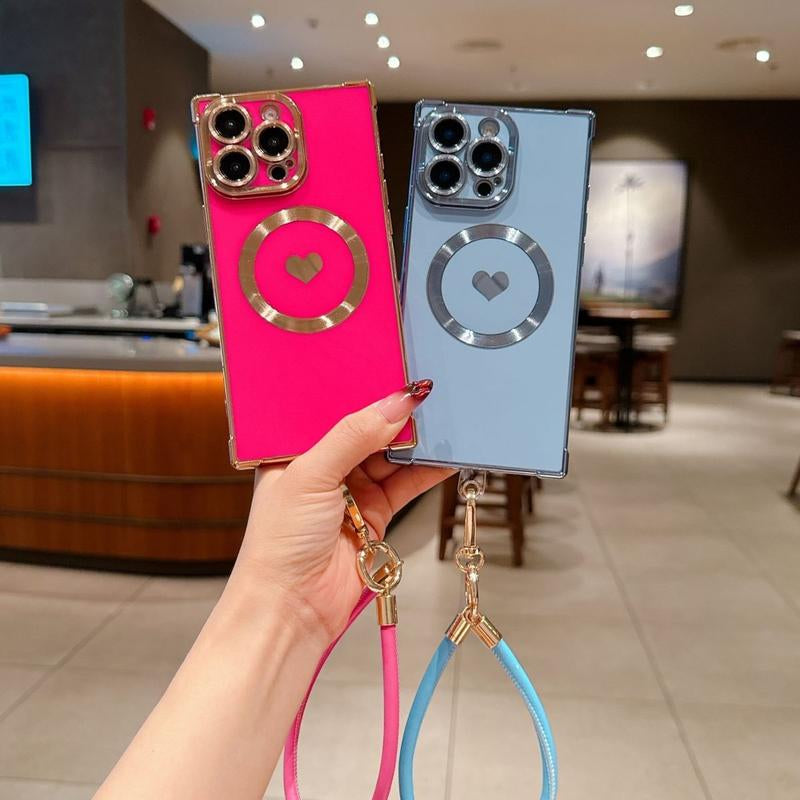 Right Angle Anti-Drop Magnetic Suction Solid Color Electroplated Side Heart + Hand Strap Compatible with Ip16 Pro Max 15 14 13 12 Phones Cases Protector Cover Protective