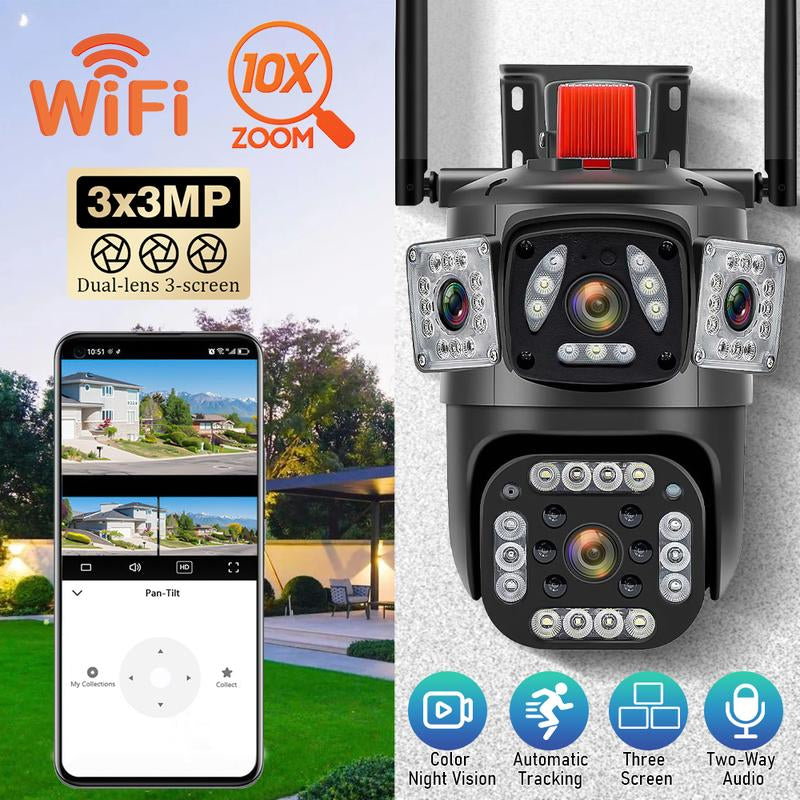 Outdoor Security Camera, 3-Lens Waterproof Camera, 6K 9MP, 10X Zoom, 360 PTZ Outdoor Wifi Camera,Fathersdaygift