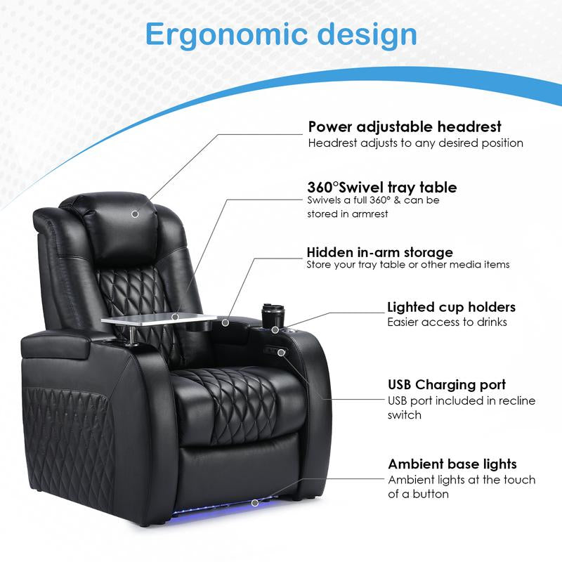 Weilianda Home Theater Seating Luxury Series Top Grain Nappa Leather Recliner Chair Dual Power Movie Gaming Sofa Electric Headrest with Tray Table Type-C USB Charge Cup Holders