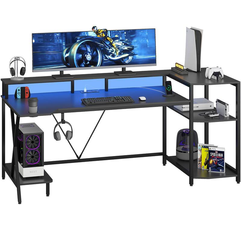 Sedeta Gaming Table 70.8 In. with LED Lights and Storage Shelf Computer Table with Monitor Stand, Power Outlet and Cup Holder Ergonomic Table