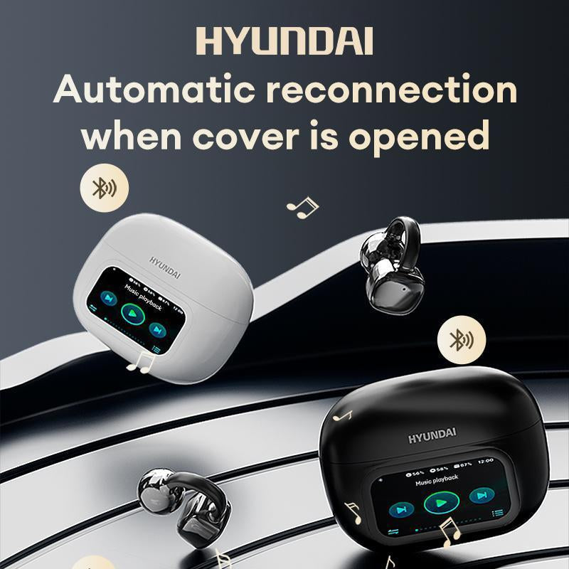 HYUNDAI C02 Clip-On Ear Electronic Headphones with LCD Full Color Touch Screen, Wireless Audio Earbuds Headset for Music & Phone Calls