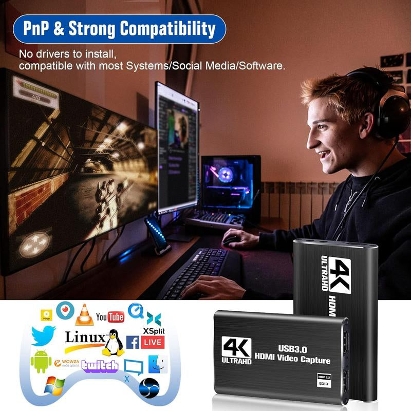 Capture Card, Audio Video Capture Card with Microphone 4K HDMI Loop-Out, 1080P 60Fps Video Recorder for Gaming/Live Streaming/Video Conference, Works for Nintendo Switch/Ps4/Obs/Camera/Pc Accessories