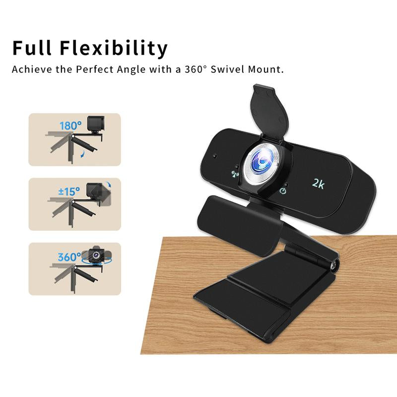 2K Qualify HD Webcam for PC Webcast, USB Computer Webcam for Office /Home Use, Streaming, Video Calling, Online Meeting with Tripod