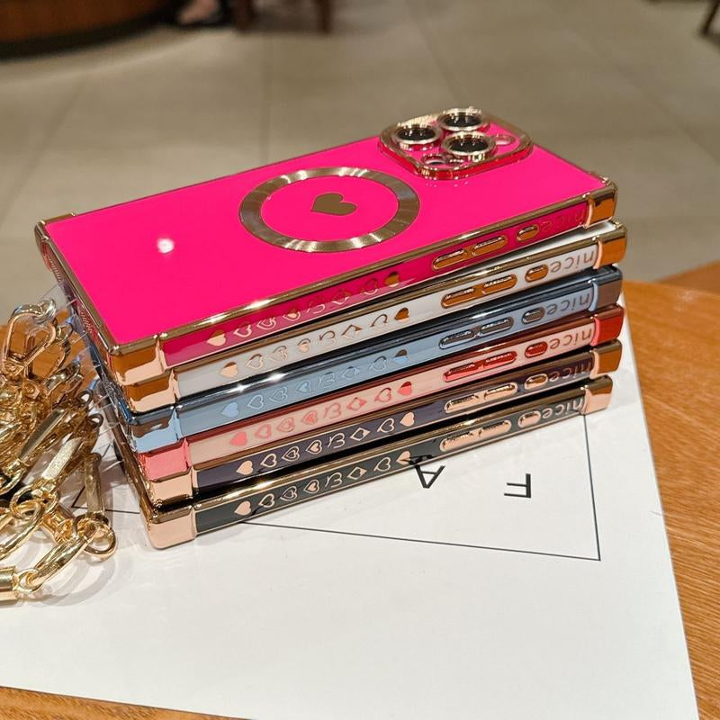 Right Angle Anti-Drop Magnetic Suction Solid Color Electroplated Side Heart + Hand Strap Compatible with Ip16 Pro Max 15 14 13 12 Phones Cases Protector Cover Protective