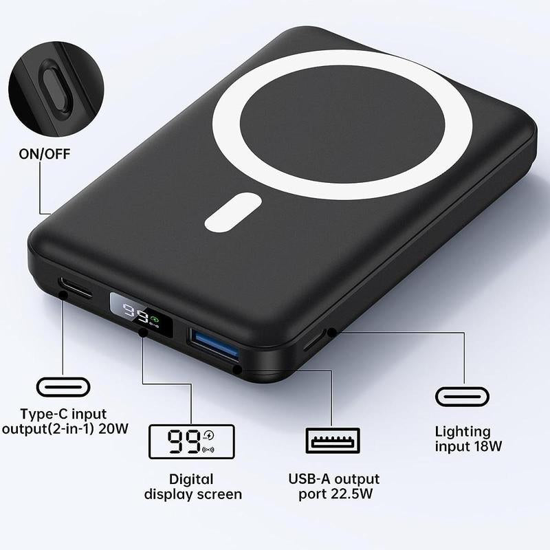 Magnetic Battery ,Magnetic Power Bank , 10000 Mah Power Bank with Folding Stand with USB-C Cable LED Display, Magnetic Power Bank 22.5W PD Fast Charging for Iphone D013