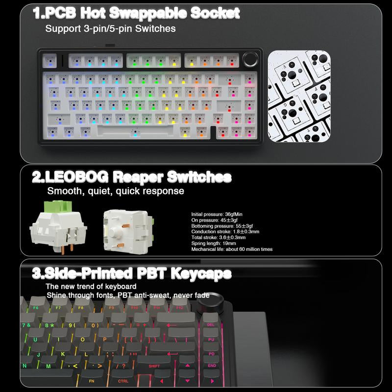 AULA F75 Pro Wireless Mechanical Gaming Keyboard RGB Rainbow Backlit Tri-Mode 2.4G USB-C Bluetooth Hot Swappable Gaming Keyboard for Gamers Gaming PC Accessories Gasket Custom Creamy Keyboard