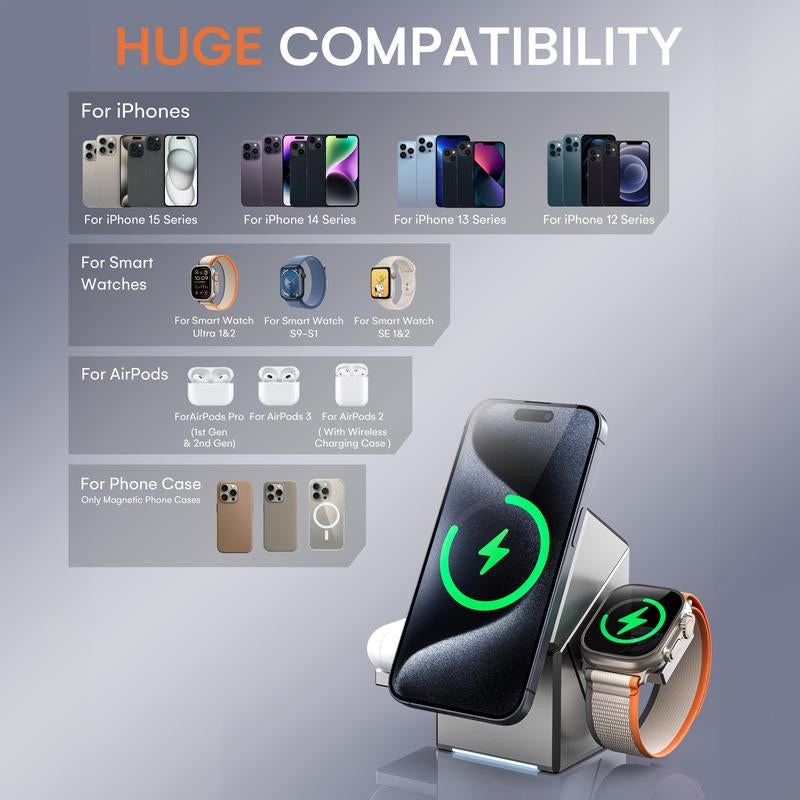 3-In-1 Wireless Charging Station QI2 Magnetic Charger for Iphone 16 15 14 13 Pro Max plus - 15W Fast Charging, Chargeable, Square Box Electronic