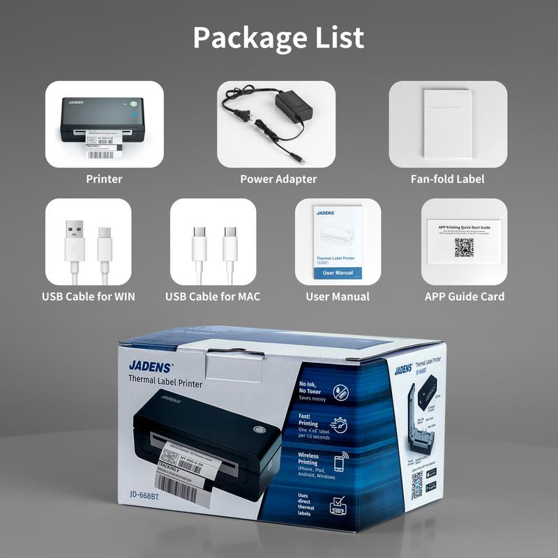 JADENS Shipping Label Printer, Bluetooth Wireless Thermal Label Printer, Compatible with Ios, Android, Windows, Mac, Chromebook, Widely Used for Etsy, Ebay, Shopify, USPS