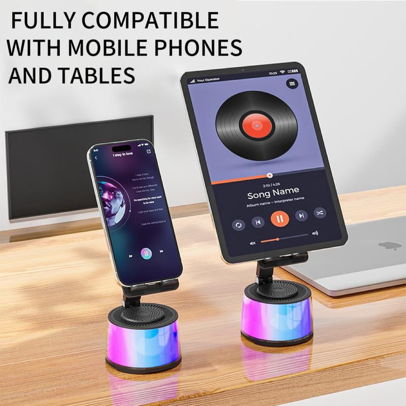 Wireless Induction Audio Bluetooth Speaker 5In1 Cellphone Holder USB Emergency Rechargeable (5000Mah) 360° Rotable Foldable Lift-Non-Slip Base, Portable Power Mobile Tablet Stand with Colorful Ambient Light Gifts for Friend, Family