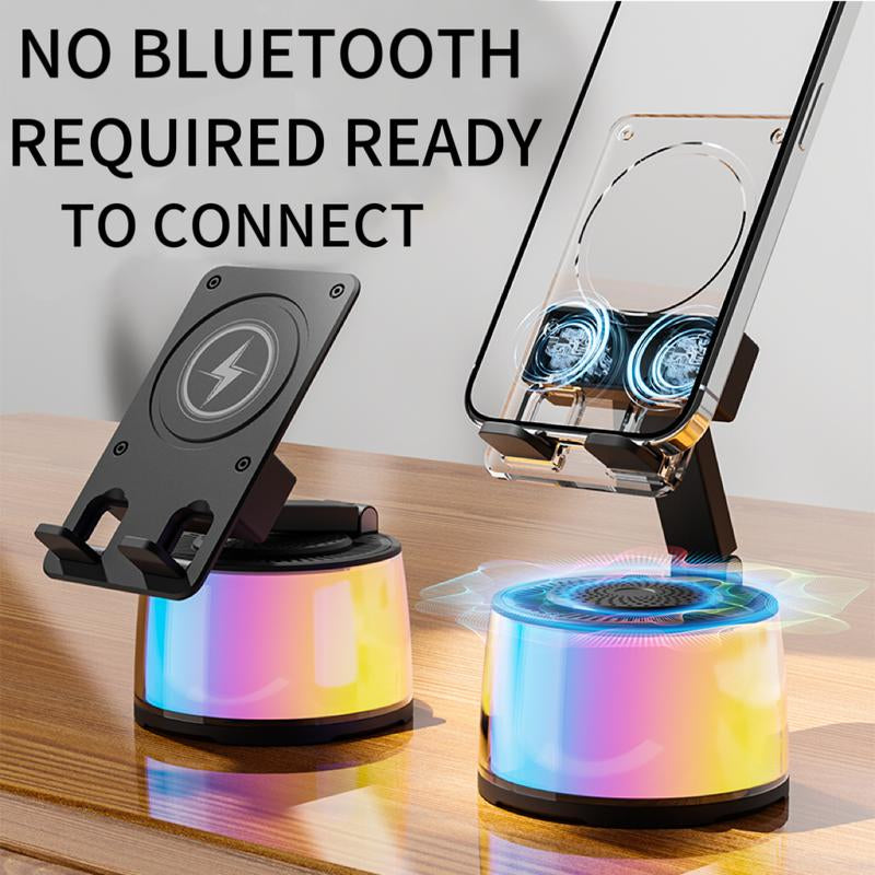 Wireless Induction Audio Bluetooth Speaker 5In1 Cellphone Holder USB Emergency Rechargeable (5000Mah) 360° Rotable Foldable Lift-Non-Slip Base, Portable Power Mobile Tablet Stand with Colorful Ambient Light Gifts for Friend, Family
