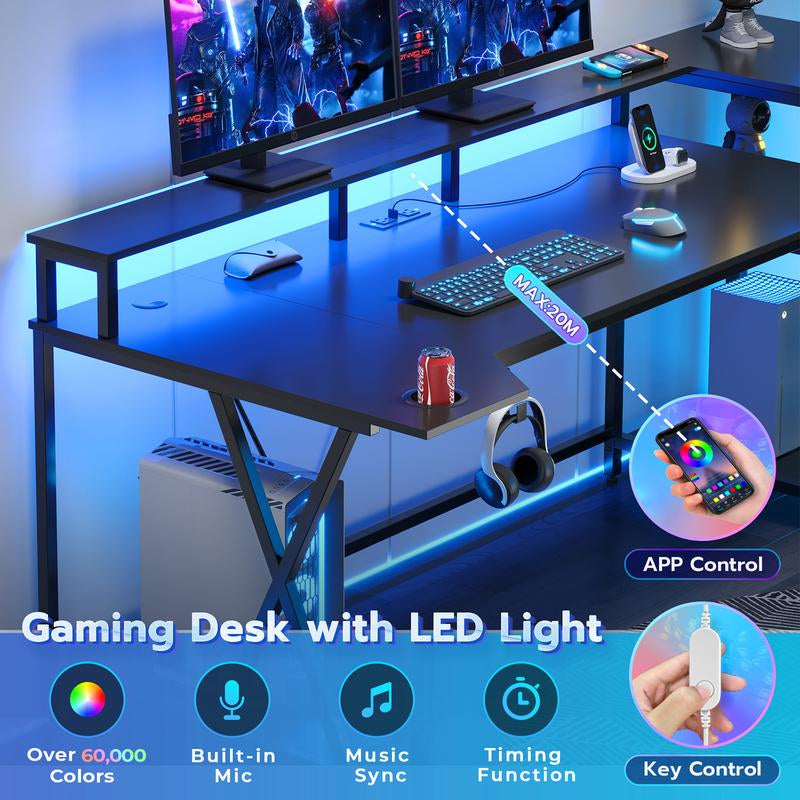 Sedeta Gaming Table 70.8 In. with LED Lights and Storage Shelf Computer Table with Monitor Stand, Power Outlet and Cup Holder Ergonomic Table