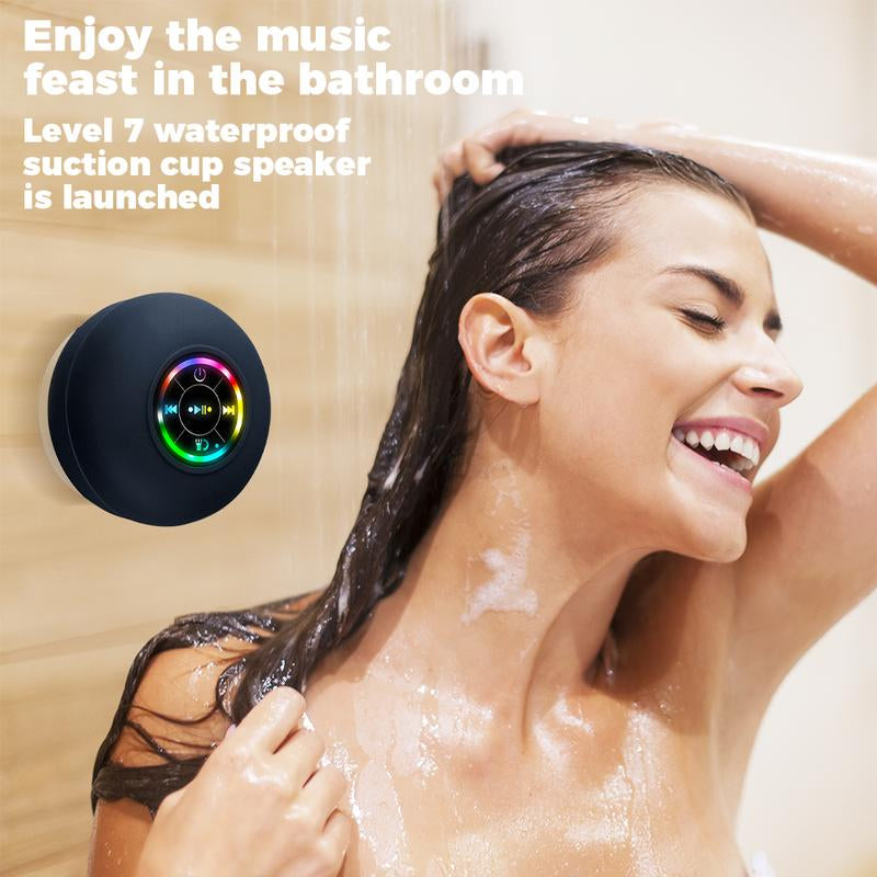 Waterproof Bluetooth Speaker with Suction Cup & LED Lights, 360° Bass Sound | Wireless Shower Speaker for Bath/Beach/Camping | Built-In Mic & Bluetooth 5.4 | Perfect Gift for Men/Women/Kids (Black)